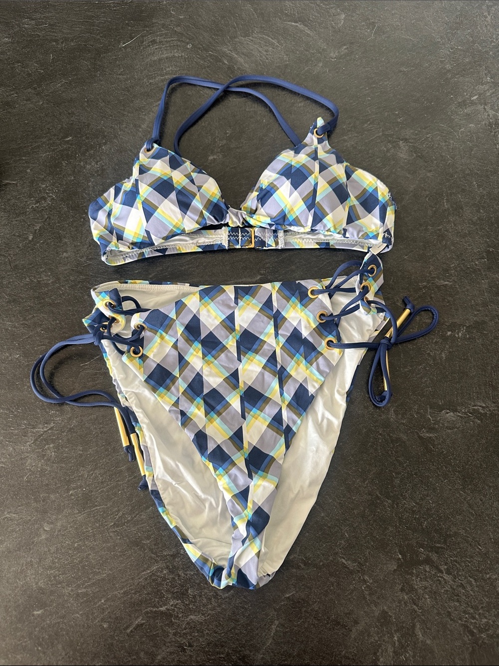 BCBGeneration Navy Blue Yellow White Plaid Bikini Set